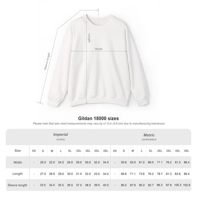 White sweatshirt with measurement chart on a white background