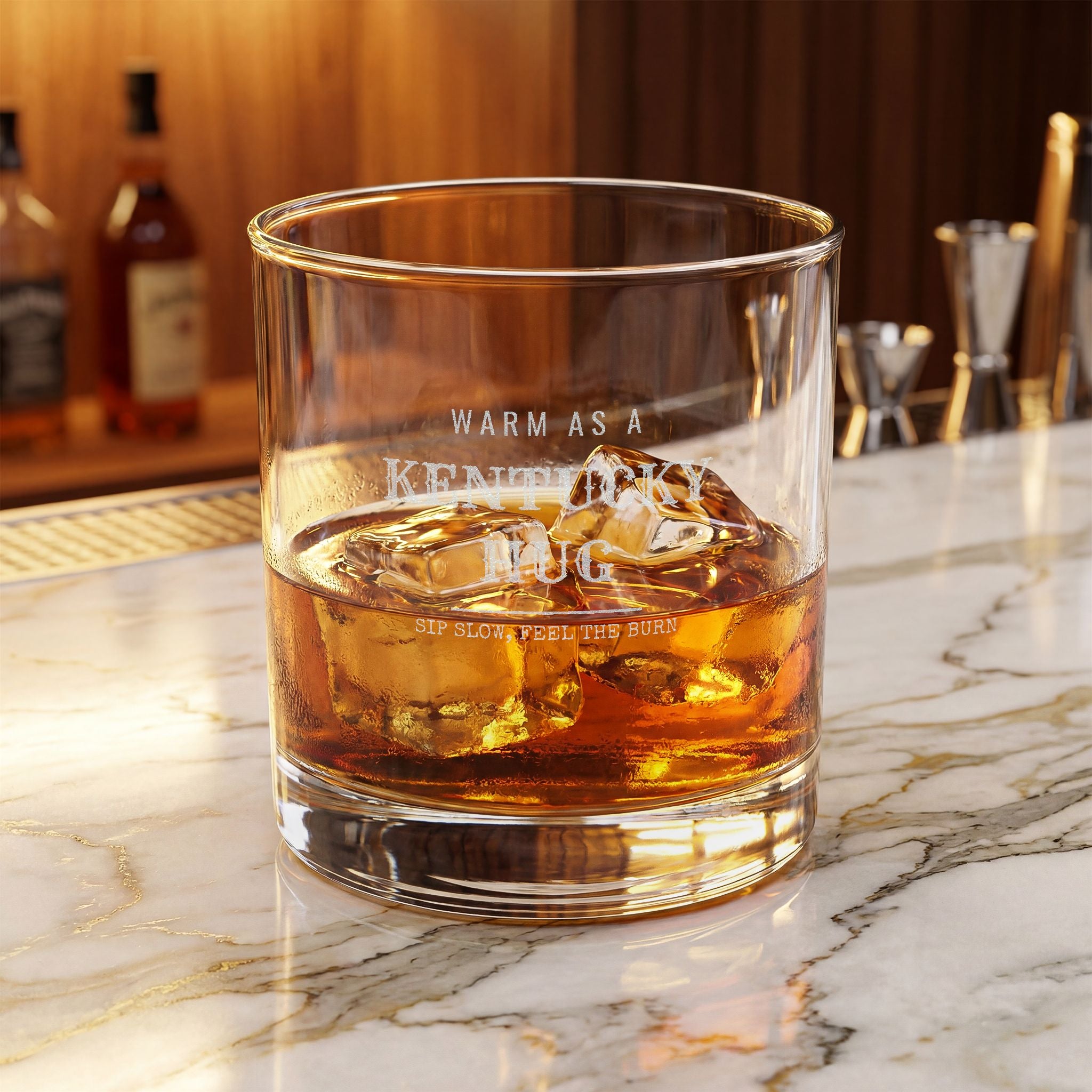 Warm as a Kentucky Hug – engraved whiskey glass, alternate view – Bluegrass Gifts