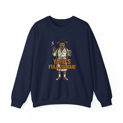 Navy blue sweatshirt with a graphic of a bear and text on a white background