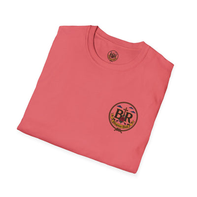 Bluegrass Roots Prayed Up Laced Up Fed Up cowgirl boot tee folded stack detail in Coral Silk