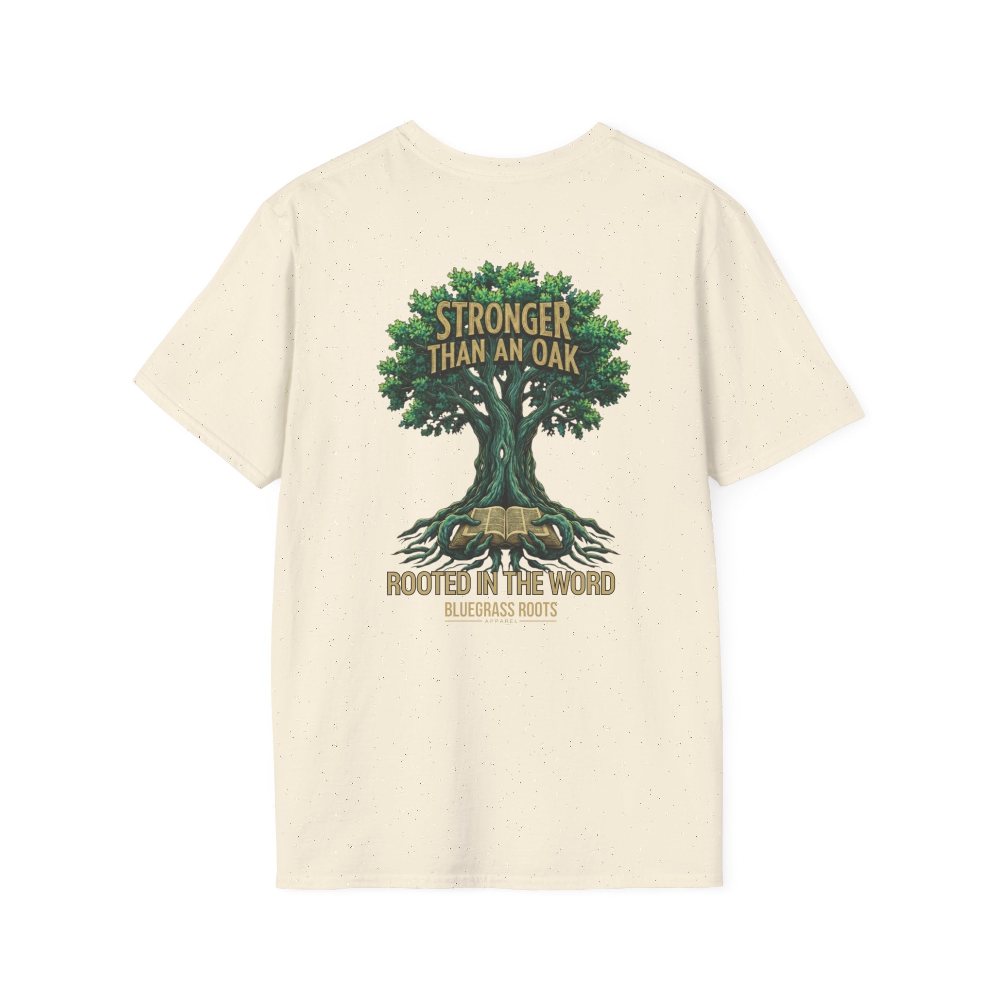 Beige t-shirt with a graphic of an oak tree and text on a white background