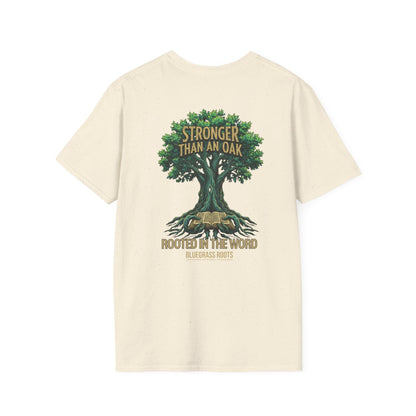 Beige t-shirt with a graphic of an oak tree and text on a white background