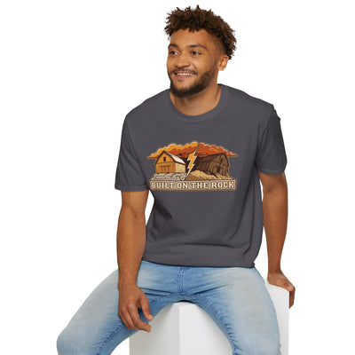 Built on the Rock christian shirt for men, Built on the Rock split barn parable design