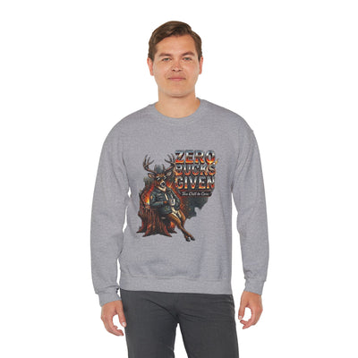 Person wearing a gray sweatshirt with a graphic design on a white background