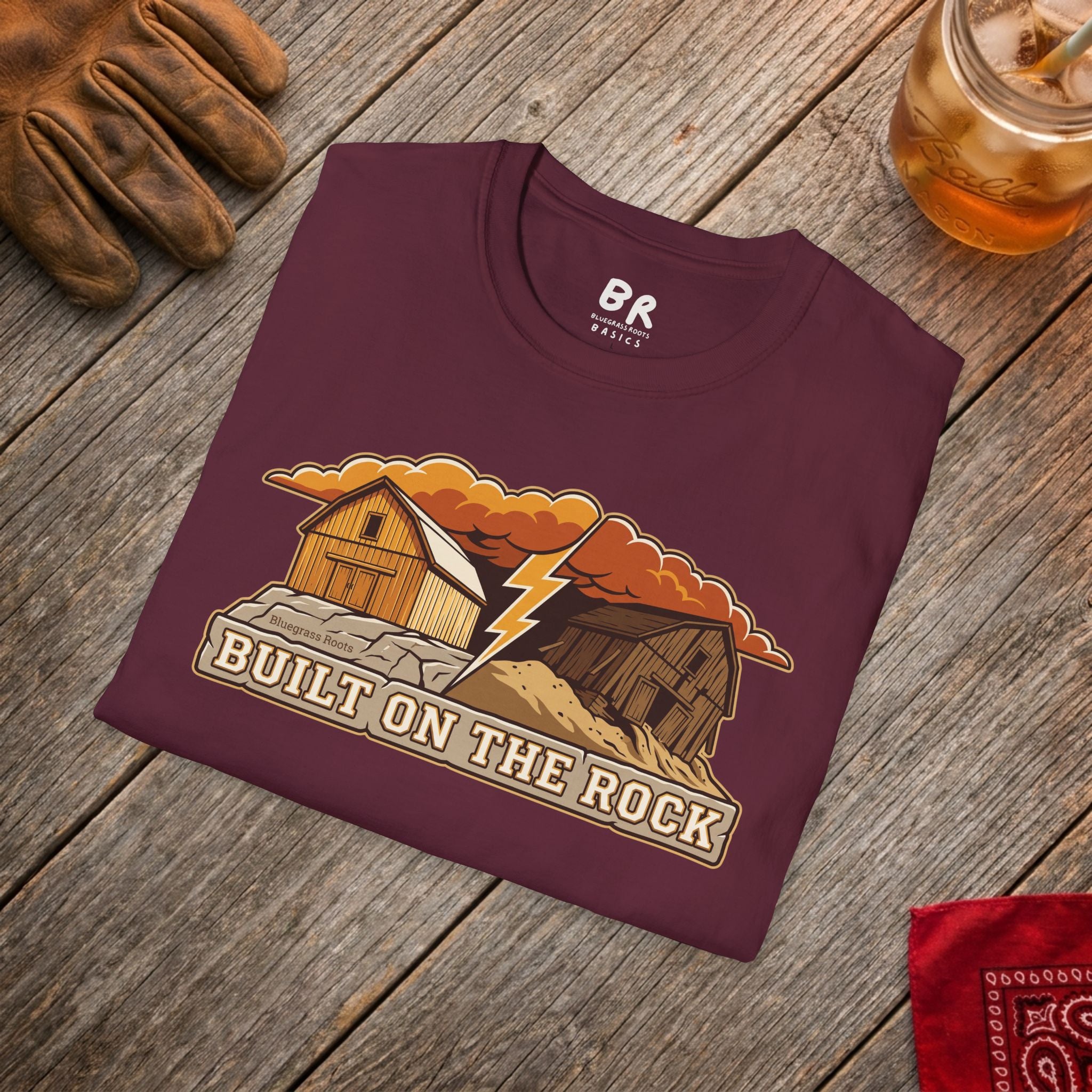 Built on the Rock christian shirt for men, Built on the Rock split barn parable design