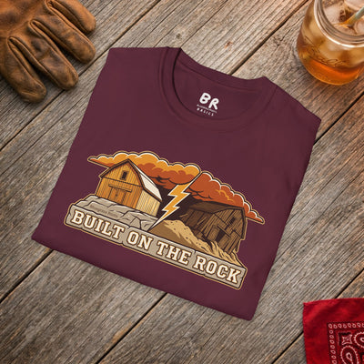 Built on the Rock christian shirt for men, Built on the Rock split barn parable design