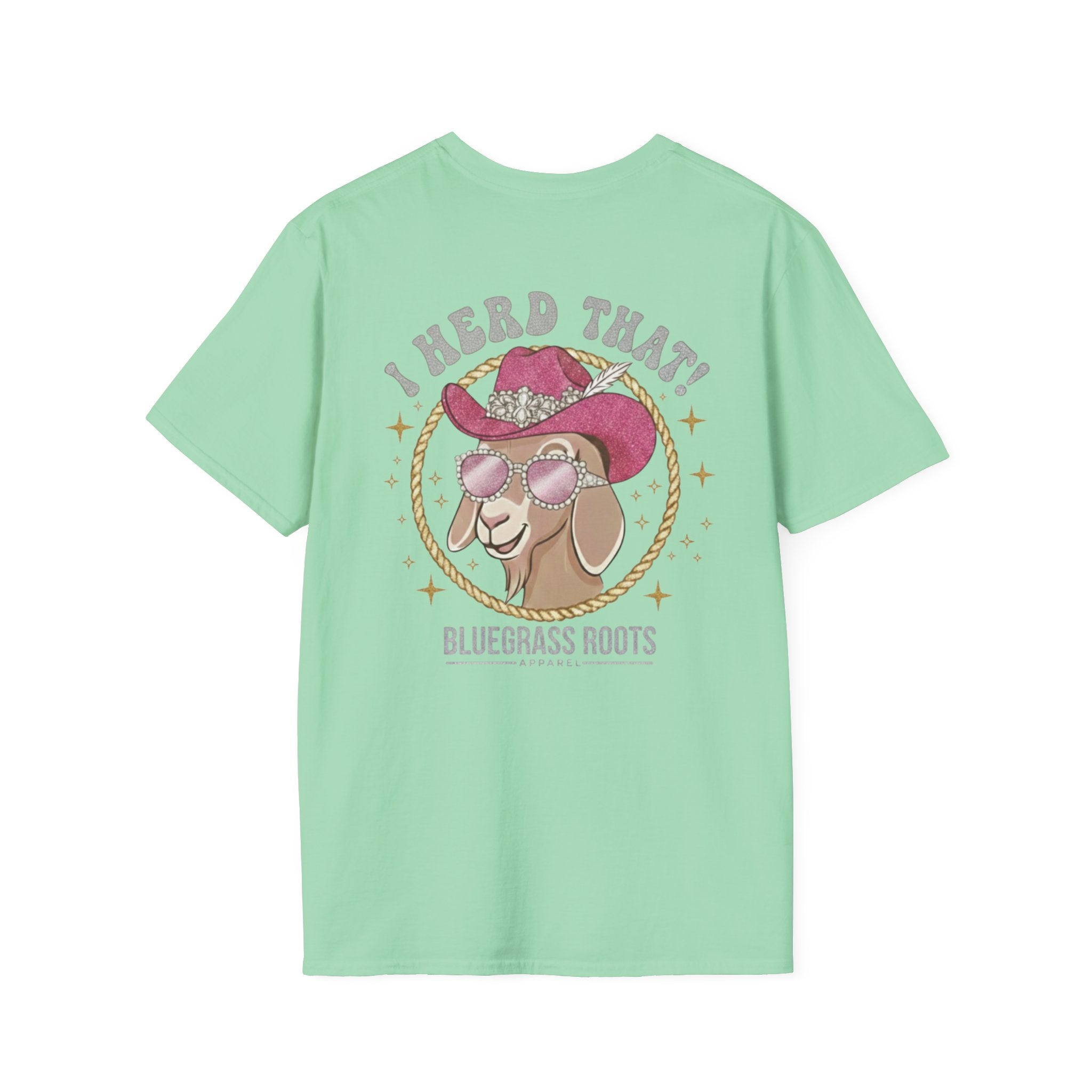 Mint green t-shirt with a graphic of a goat wearing a cowboy hat and sunglasses, and text 'I Herd That! Bluegrass Roots' on a white background.