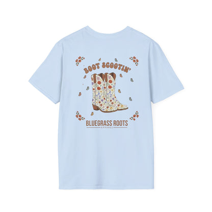 Light blue t-shirt with a cowboy boot graphic and text on the back, on a white background