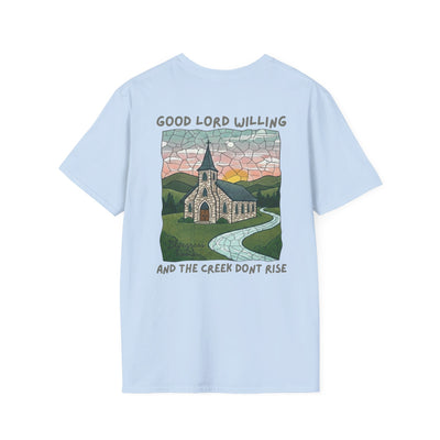 Light blue t-shirt with a graphic design of a church and landscape on the back, on a white background.