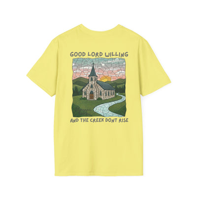 Yellow t-shirt with a graphic design of a church and text on a white background