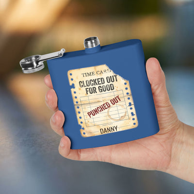 Clocked Out For Good personalized retirement gift flask in Navy — back view