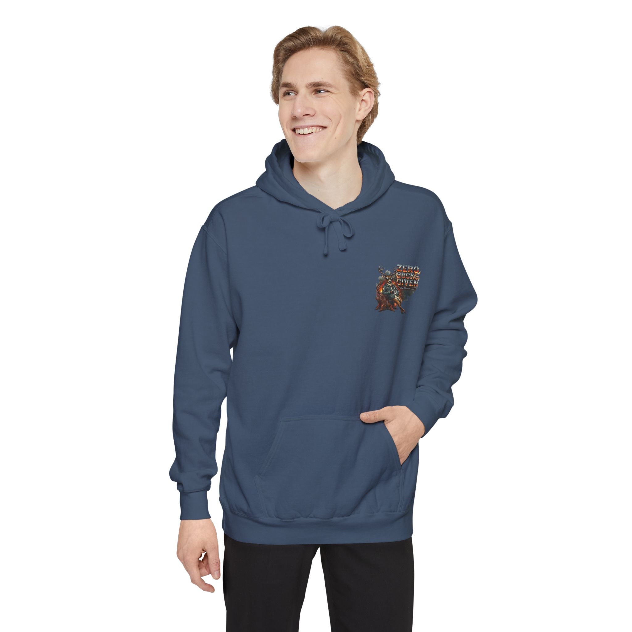 Man wearing a blue hoodie with a logo on a white background