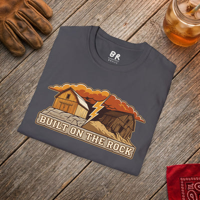 Built on the Rock christian shirt for men, Built on the Rock split barn parable design