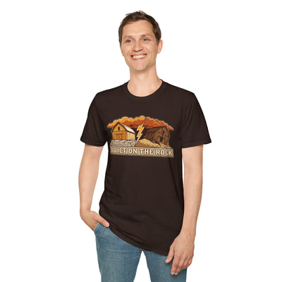 Built on the Rock christian shirt for men, Built on the Rock split barn parable design