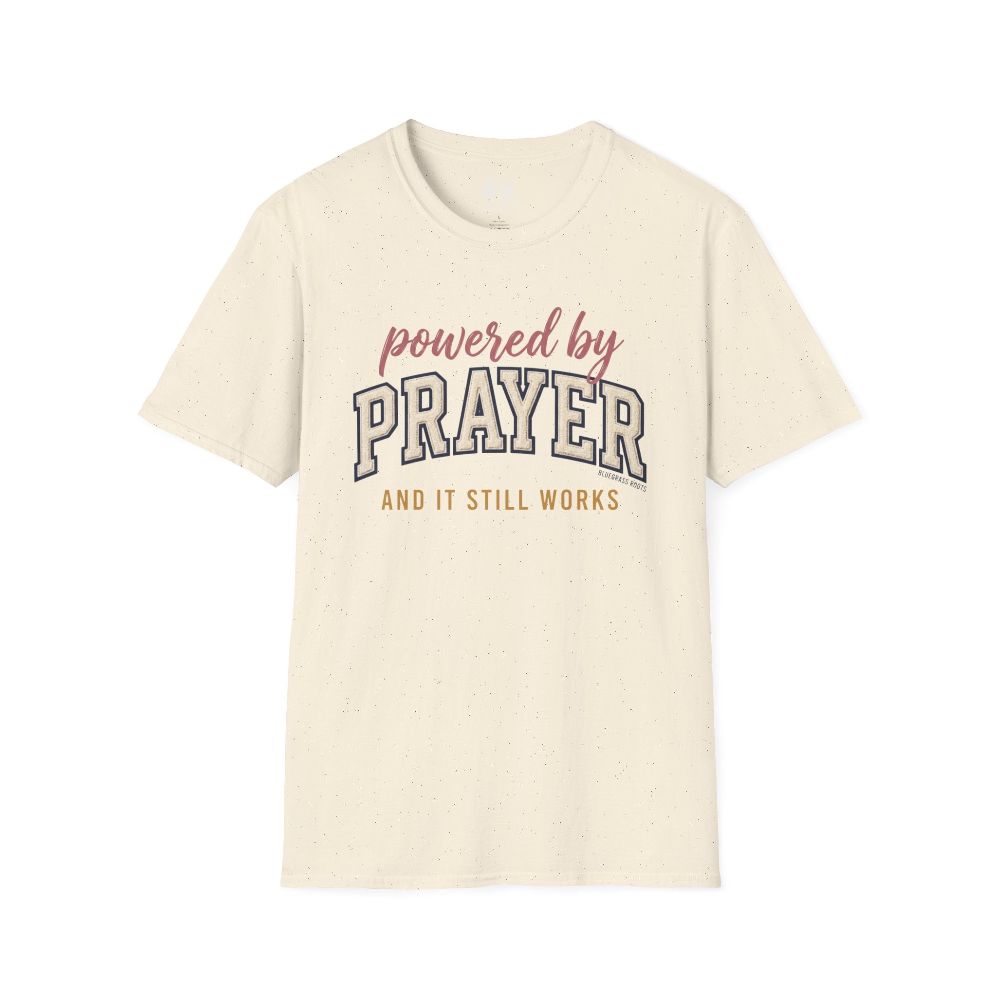 Powered by Prayer varsity shirt