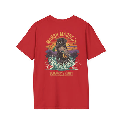 Red t-shirt with a graphic of a dog in water and text 'Marsh Madness' and 'Bluegrass Roots' on a white background