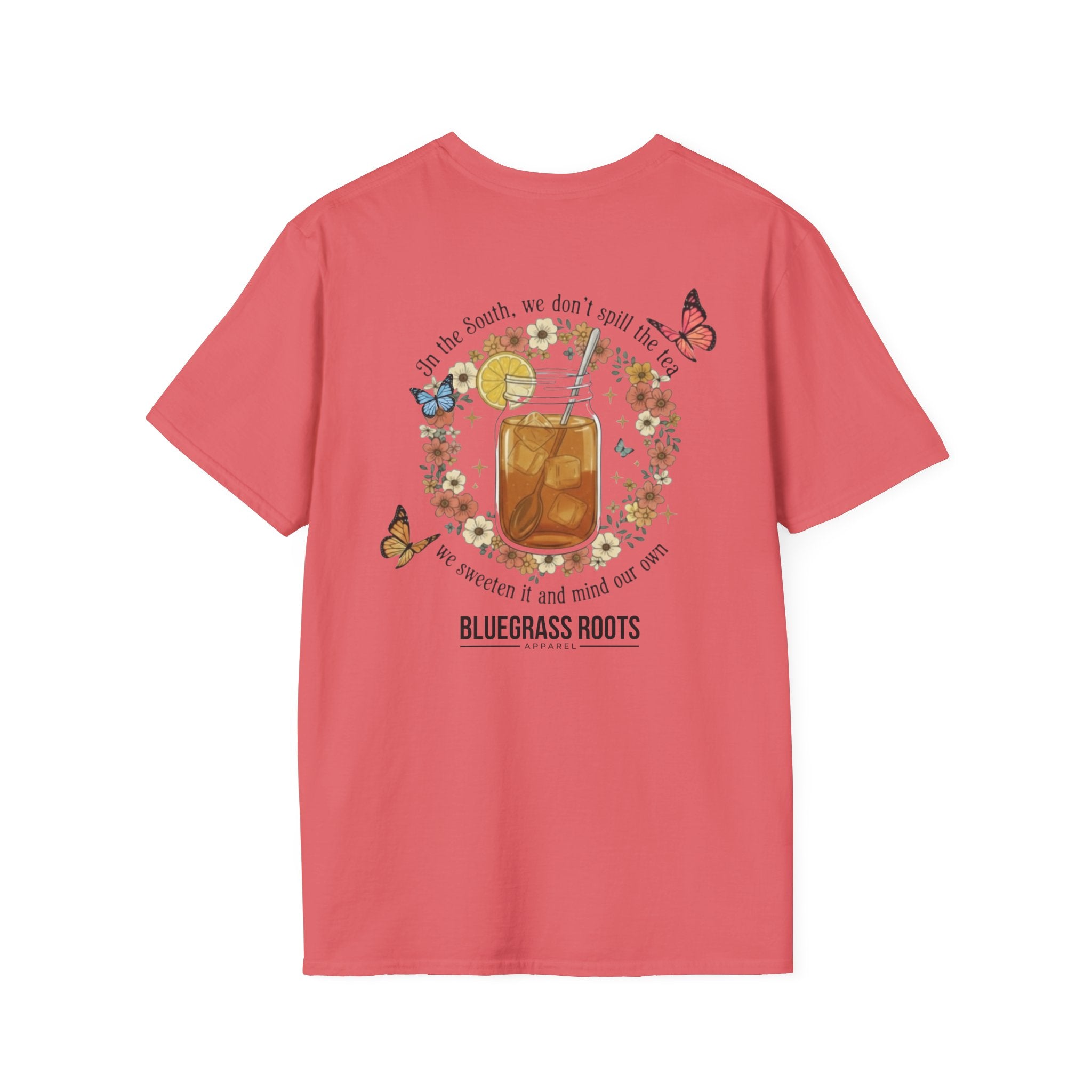 Pink t-shirt with a graphic design on the back featuring a drink and text, on a white background.