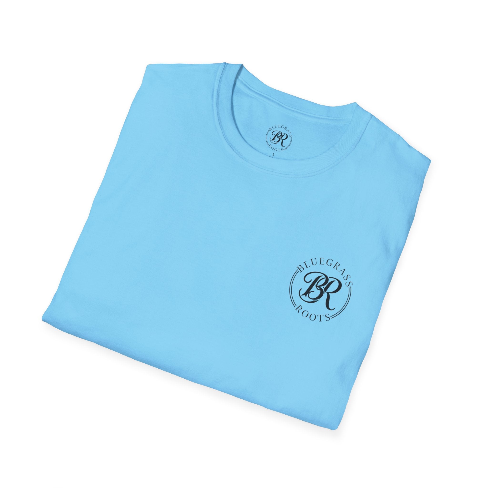 Folded light blue t-shirt with a logo on a white background