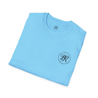 Folded light blue t-shirt with a logo on a white background