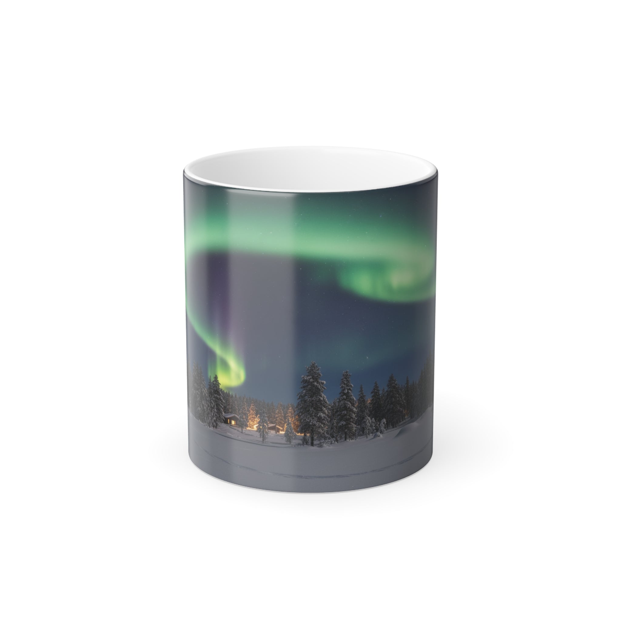 Clean straight-on view of the Aurora Borealis mug with vibrant green lights.