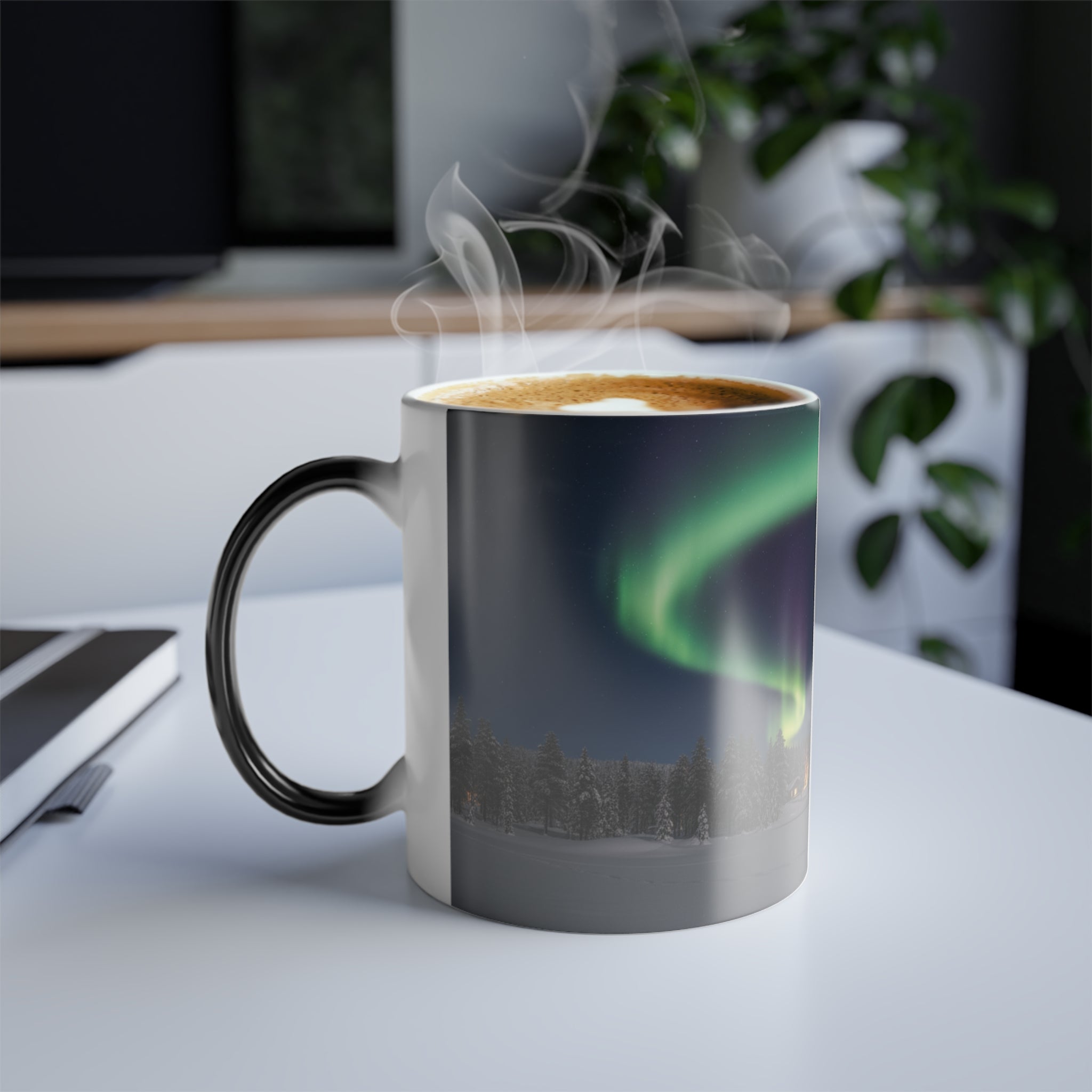 Magic coffee cup transformation in action with steam and heat reveal effect.
