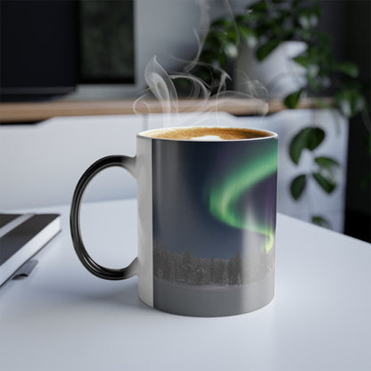 Magic coffee cup transformation in action with steam and heat reveal effect.