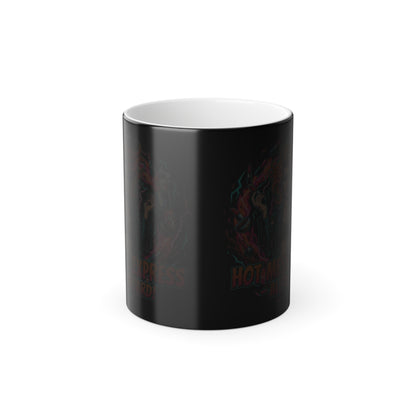 Black cylindrical container with red text on a white background
