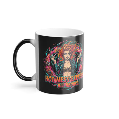 Black mug with colorful design and text on a white background