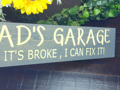 Custom wood sign for dad’s garage or workshop, perfect for fixing and tinkering spaces.