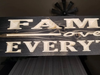 Custom wooden family sign in farmhouse style with personalized finishes.
