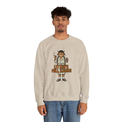 Front view of male model wearing a Sand colored funny cat Christmas sweatshirt featuring a Cousin Eddie cat parody design