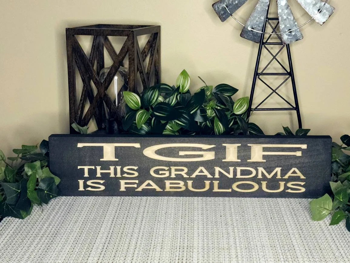 Funny grandma wall decor styled in a rustic kitchen setting.
