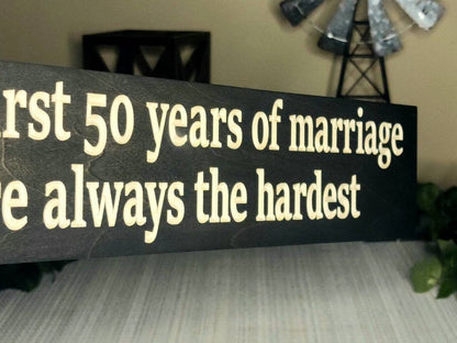 Funny marriage anniversary decor with rustic charm for home or gift-giving occasions.