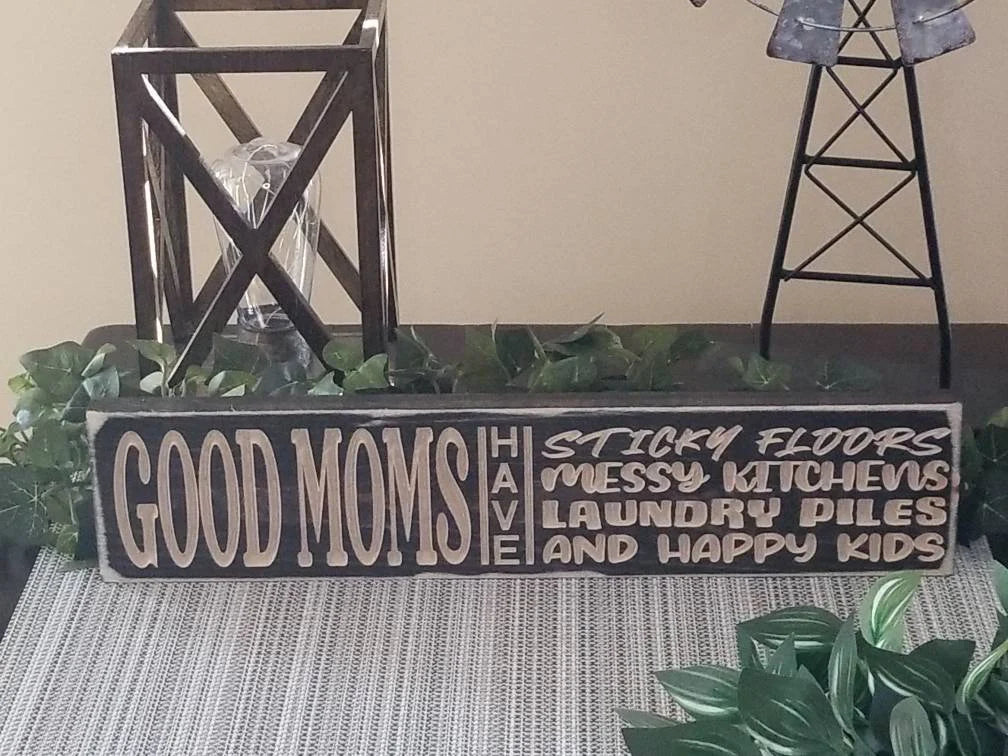 Home decor for moms, mom quote sign, mom wall art, funny sign for moms with messy kitchens.
