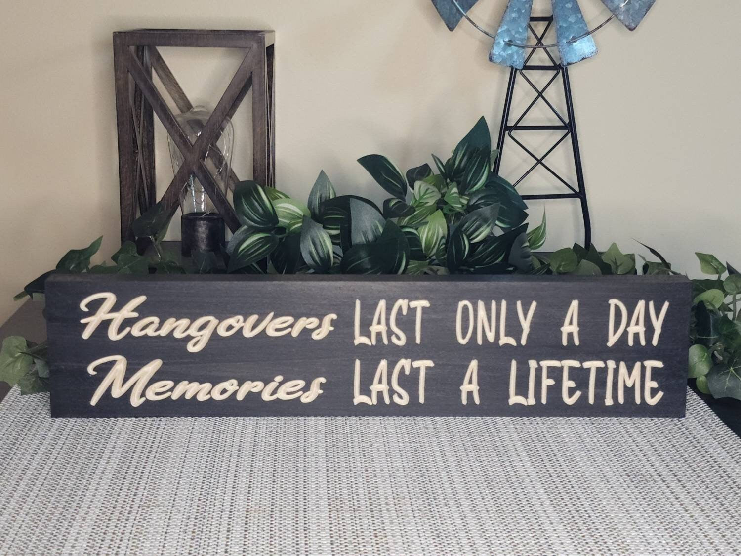 Humorous hangover quote wall art for entertaining spaces and man cave decor.