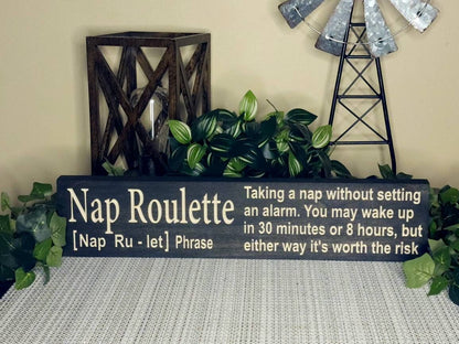Humorous sleep quote sign for nap lovers and college dorm decor.
