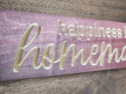 Inspirational happiness is homemade wood sign for rustic home wall art.
