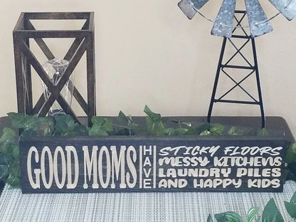 Messy kitchen sign, happy kids sign, humorous mom sign, parenting wall art, sticky floors sign.
