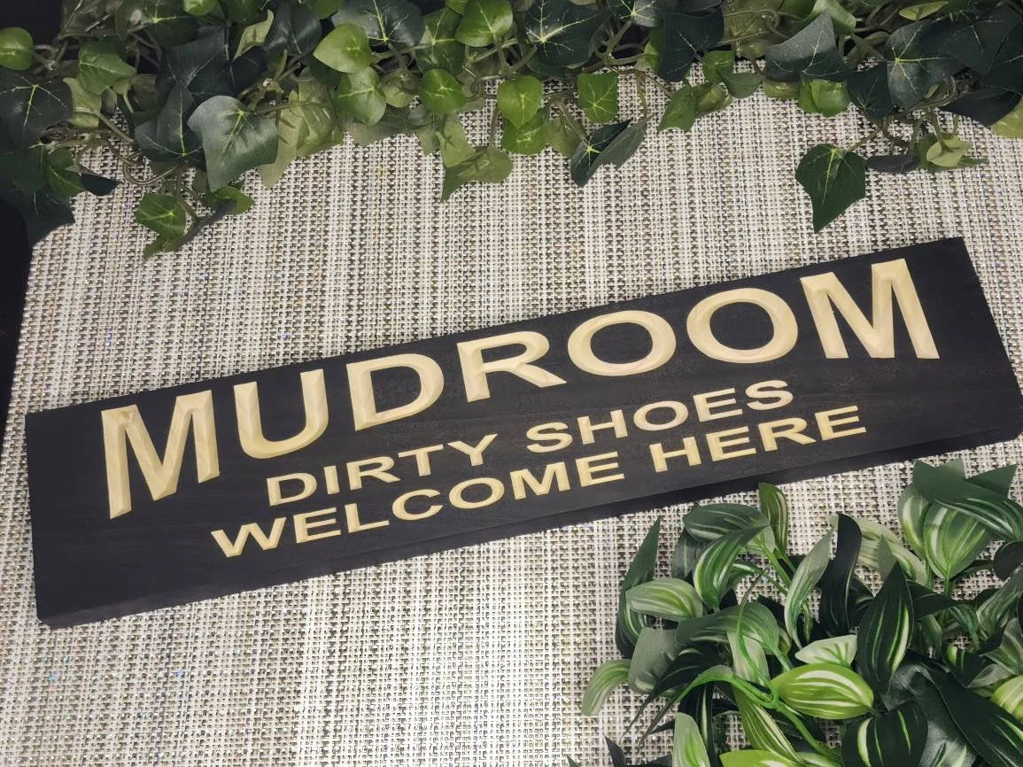 Mudroom - Dirty Shoes Welcome Here rustic mudroom wall sign for entryway decor.

