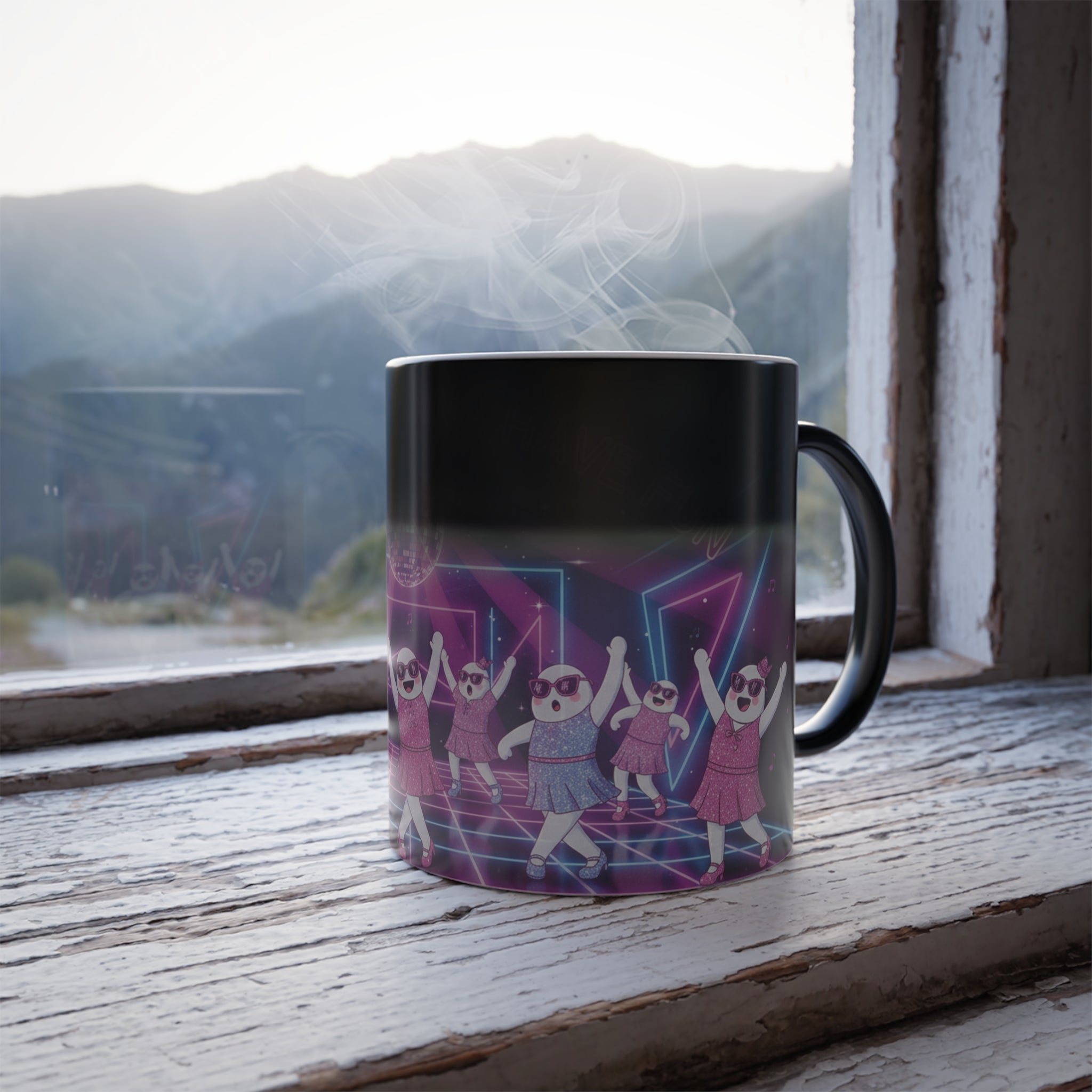 Mug with a colorful design on a windowsill with a mountain view