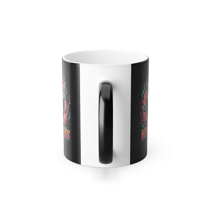 Mug with black handle and colorful design on a white background