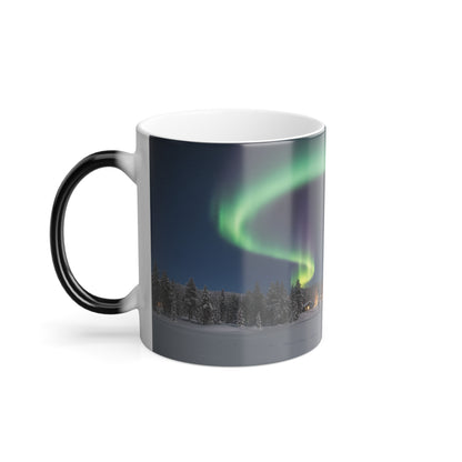 Side view of the Northern Lights mug showing the artwork near the handle.
