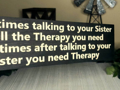 Personalized wooden sign gift for sisters with witty text and farmhouse style.
