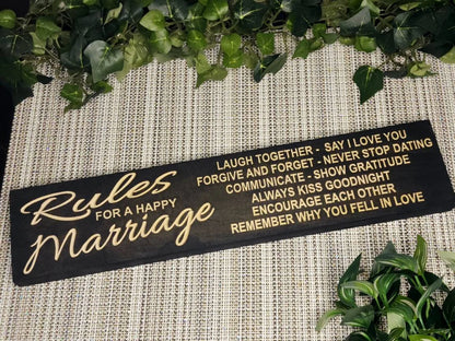 Rules for a Happy Marriage wooden sign with marriage tips and love reminders