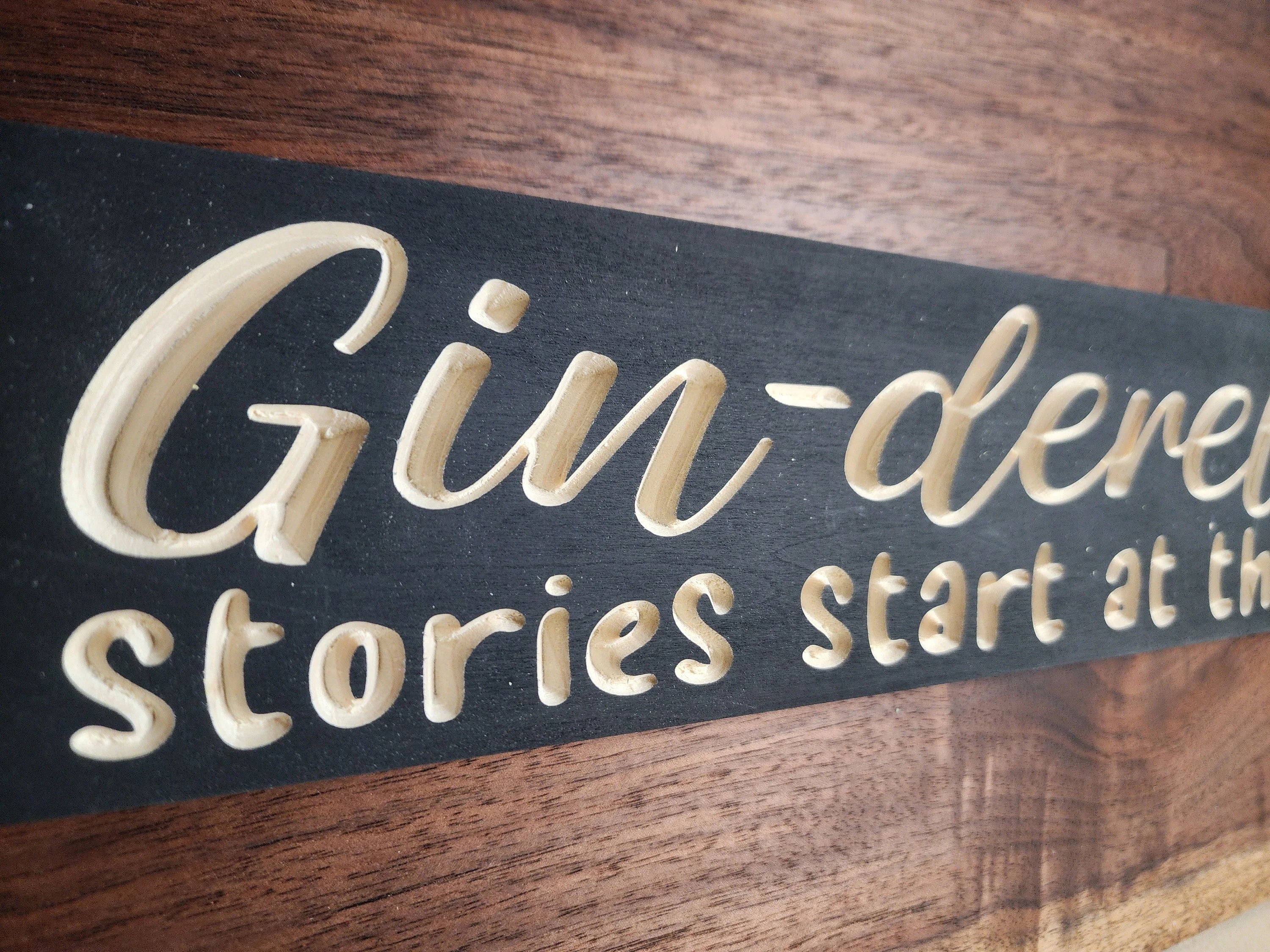 Rustic gin-derella sign for cocktail decor and alcohol humor wall art.
