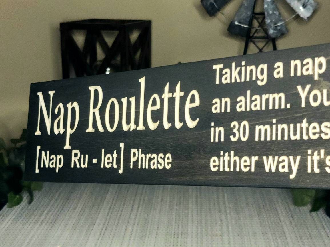 Rustic wooden nap room sign for relaxation and living room wall accents.
