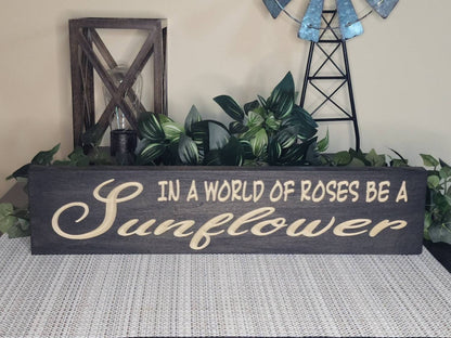 Rustic wooden sunflower wall art styled in a modern farmhouse-inspired space.
