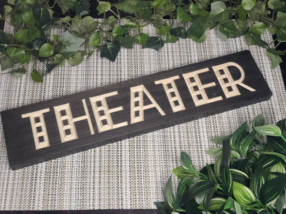 Theater wooden sign for rustic home theater decor and movie room wall art