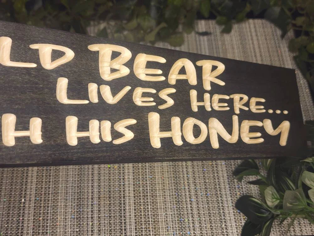 Whimsical old bear and honey couple sign for rustic home or cabin decor