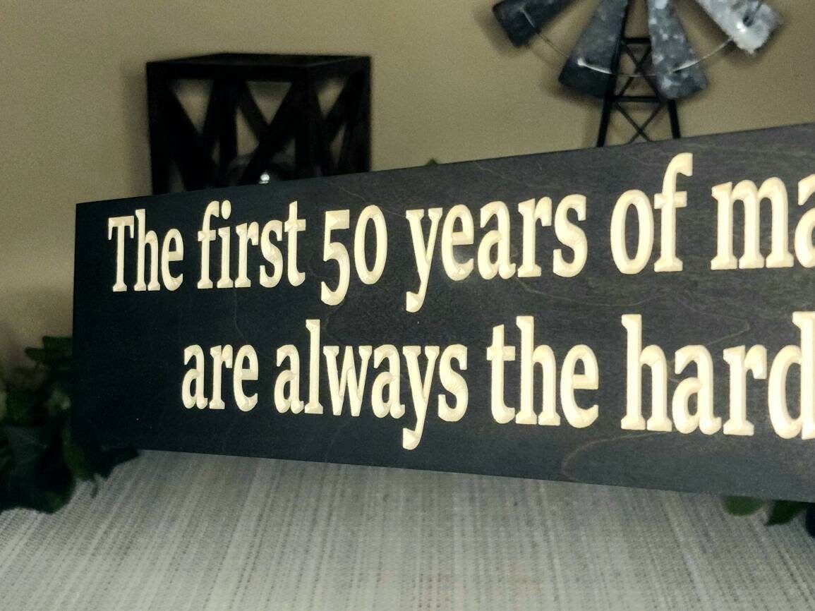 Wooden anniversary gift sign for parents or couples celebrating 50 years together.
